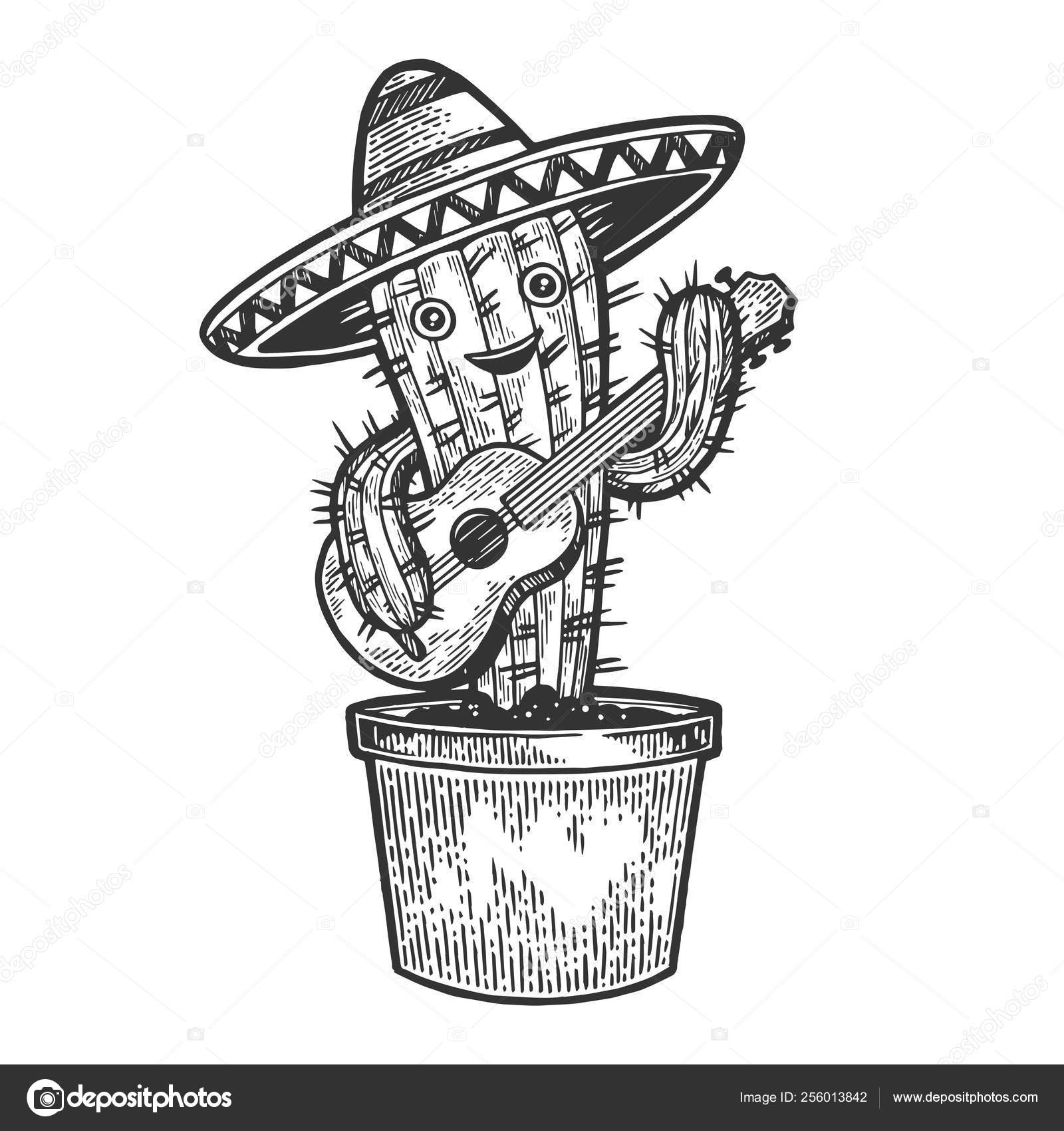 Image vectorielle Caricature mexicaine personnage de cactus avec guitare et  gravure sombrero croquis vectoriel illustration. Imitation de style scratch  board. Image dessinée à la main noir et blanc . par ©AlexanderPokusay -  256013842, image size:1600x1700