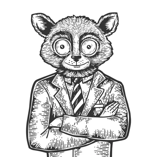 Tarsier ヘッドビジネスマンスケッチ彫刻ベクターイラスト。スクラッチボードスタイル模倣。黒と白の手描き画像. — ストックベクタ