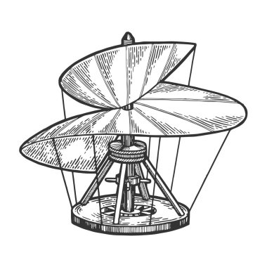 Ortaçağ helikopter model kroki oyma vektör illüstrasyon. Karalama panosu tarzı taklit. El çizilmiş görüntü.