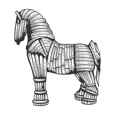 Trojan horse sketch engraving vector illustration. Horse wooden figure. Scratch board style imitation. Hand drawn image. clipart