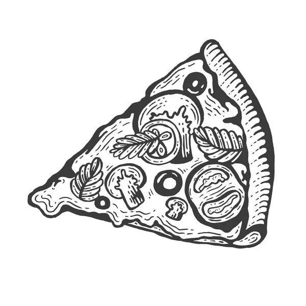 Coupe de pizza croquis gravure vectorielle illustration. Imitation de style scratch board. Image dessinée à la main . — Image vectorielle