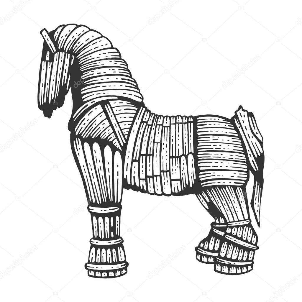 Trojan horse sketch engraving vector illustration. Horse wooden figure. Scratch board style imitation. Hand drawn image.
