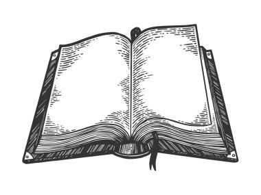 Açık kitap kroki oyma vektör illüstrasyon. Karalama panosu tarzı taklit. Siyah beyaz el çizilmiş görüntü.