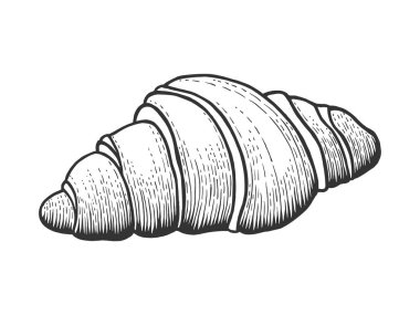 Kruvasan tatlı fırın ürünü çizimi, kabartma vektör çizimi. Tahta sitili taklit. Siyah beyaz el çizimi resim.