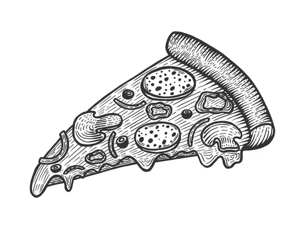 Кусок наброска пиццы с гравировкой векторной иллюстрации. Имитация в стиле Scratch board. Ручное изображение . — стоковый вектор