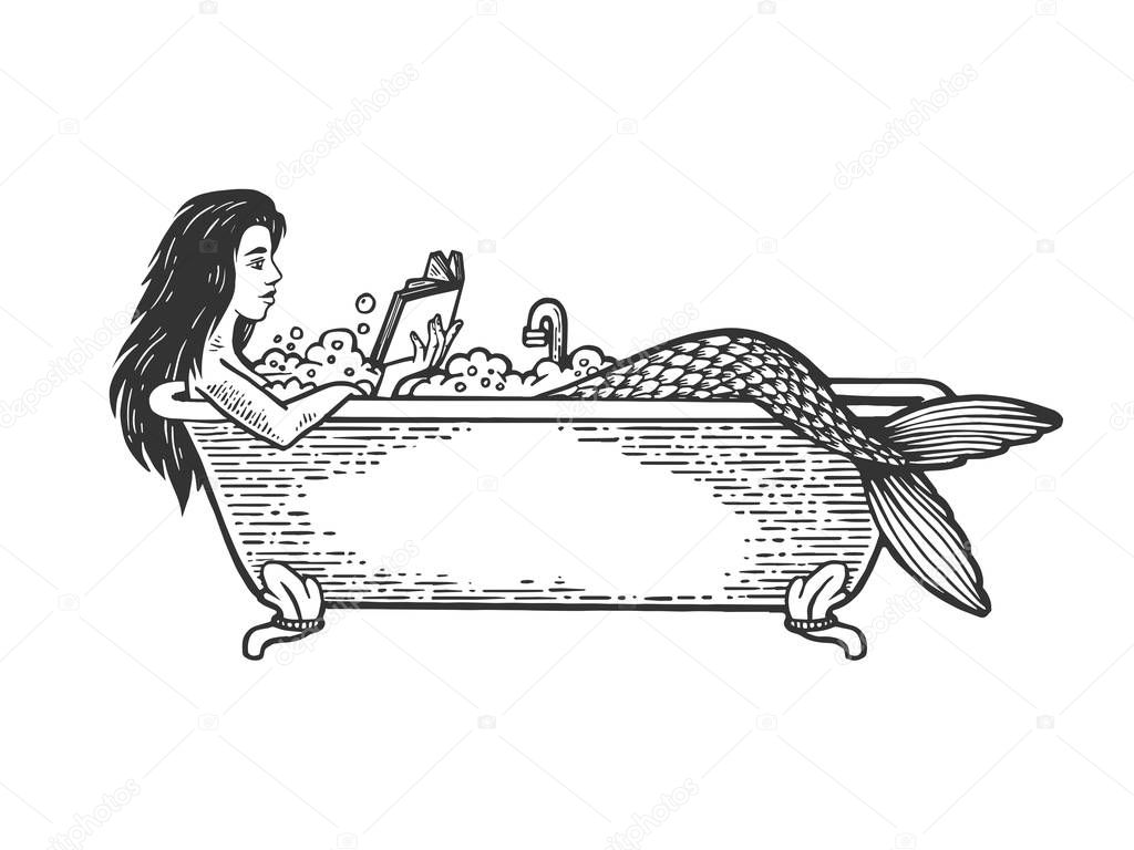 Mermaid reading book in bath sketch engraving vector illustration. Scratch board style imitation. Black and white hand drawn image.