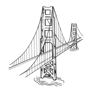 Golden Gate Köprüsü kroki oyma vektör illüstrasyon. Karalama panosu tarzı taklit. Siyah beyaz el çizilmiş görüntü.