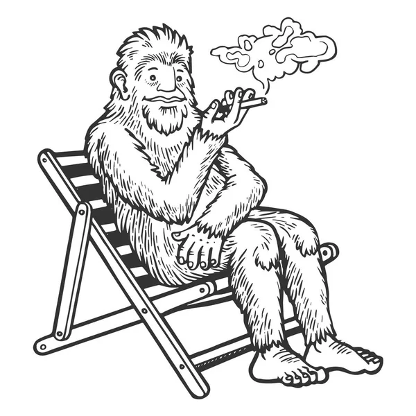 Sneeuwpop Yeti Animal roken in strandstoel schets gravure vector illustratie. Scratch board stijl imitatie. Zwart en wit hand getekend beeld. — Stockvector
