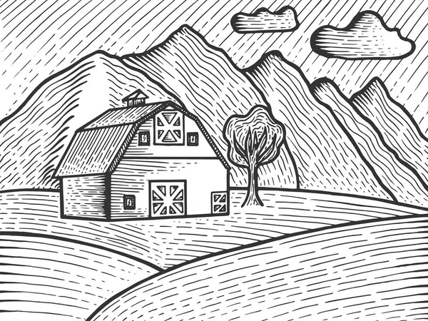 Zemědělská farma venkovské krajiny skica gravírování vektorové ilustrace. Odkládací deska stylu imitace. Černá a bílá ruka nakreslený obrázek. — Stockový vektor