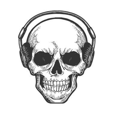 İnsan kafatası kulaklık kroki oyma vektör illüstrasyon müzik dinler. Karalama panosu tarzı taklit. El çizilmiş görüntü.