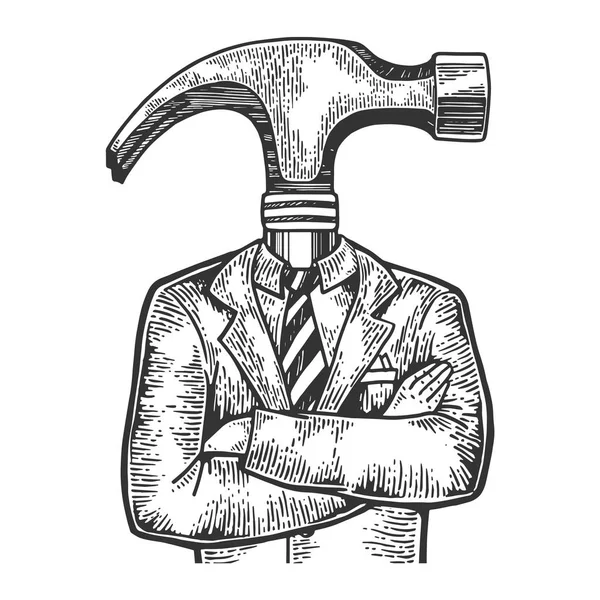 Σφυρί επικεφαλής επιχειρηματίας σκίτσο Χαρακτική απεικόνιση διάνυσμα. Απομίμηση τύπου ξυστό. Μαύρη και λευκή εικόνα που τράβηξε το χέρι. — Διανυσματικό Αρχείο