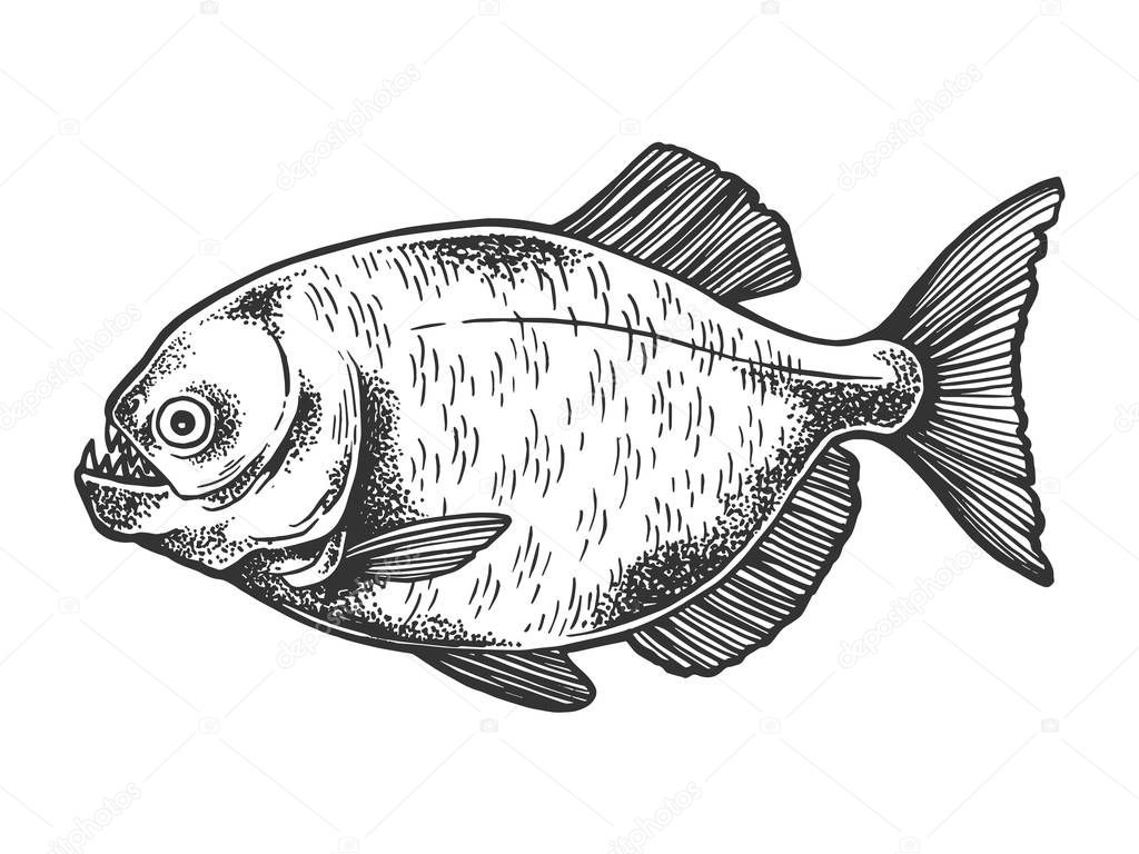 Piranha fish animal sketch engraving vector illustration. Scratch board style imitation. Black and white hand drawn image.