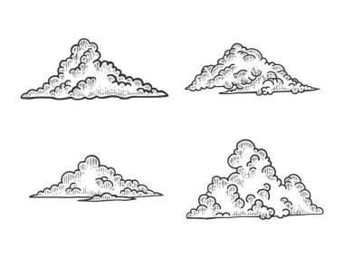 Bulutlar çizim gravür vektör illüstrasyon. Scratch tahta tarzı taklit. Siyah beyaz elle çizilmiş görüntü.