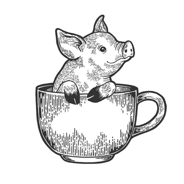 Petit cochon dans une tasse à café croquis gravure vectorielle illustration. Imitation de style scratch board. Image dessinée à la main noir et blanc . — Image vectorielle
