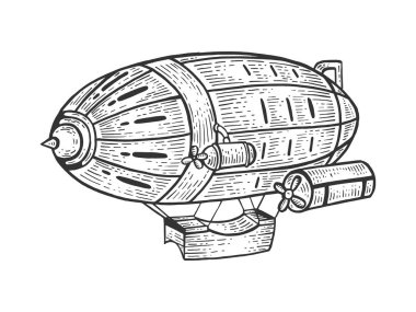 Eski vintage zeplin zeplin çizim gravür vektör illüstrasyon. Scratch tahta tarzı taklit. Siyah beyaz elle çizilmiş görüntü.