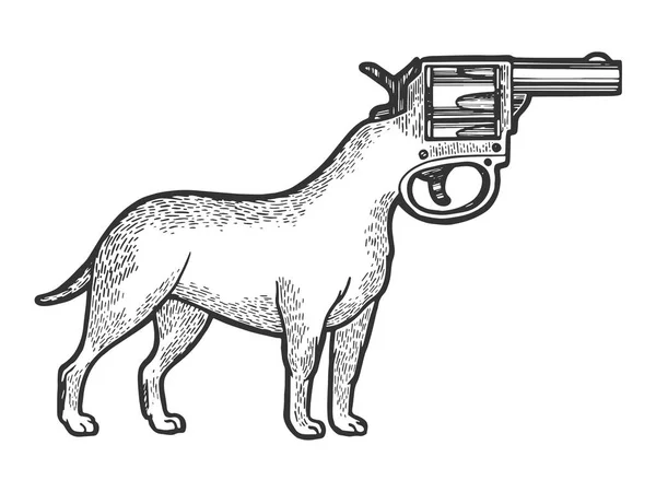 Revolver arma cão cabeça esboço gravura vetor ilustração. Imitação de estilo Scratch board. Imagem desenhada à mão preto e branco . —  Vetores de Stock