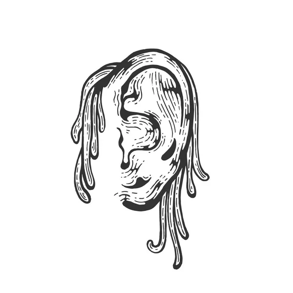 Spaghetti pasta tagliatelle su disegno orecchio umano incisione vettoriale illustrazione. Imitazione in stile gratta e vinci. Immagine disegnata a mano in bianco e nero . — Vettoriale Stock