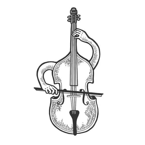 Kontrabass Violine Alt Cello Saiteninstrument spielt auf sich selbst Skizze Graviervektorillustration. Scratch-Board-Imitat. Handgezeichnetes Schwarz-Weiß-Bild. — Stockvektor