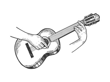 Eller akustik gitar yaylı çalgı çizim ikeç gravür vektör illüstrasyon oynarken. Scratch tahta tarzı taklit. Siyah beyaz elle çizilmiş görüntü.