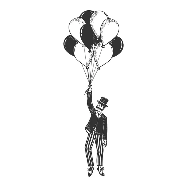 Pria kuno terbang di balon udara Sketsa ukiran gambar vektor. Peniruan gaya papan gores. Citra gambar tangan hitam dan putih . - Stok Vektor