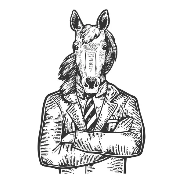 Testa di cavallo uomo d'affari schizzo incisione vettoriale illustrazione. Imitazione in stile gratta e vinci. Immagine disegnata a mano in bianco e nero . — Vettoriale Stock