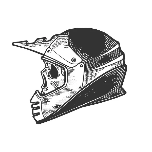 Cráneo en motocicleta casco boceto grabado vector ilustración. Scratch board estilo imitación. Imagen dibujada a mano . — Vector de stock
