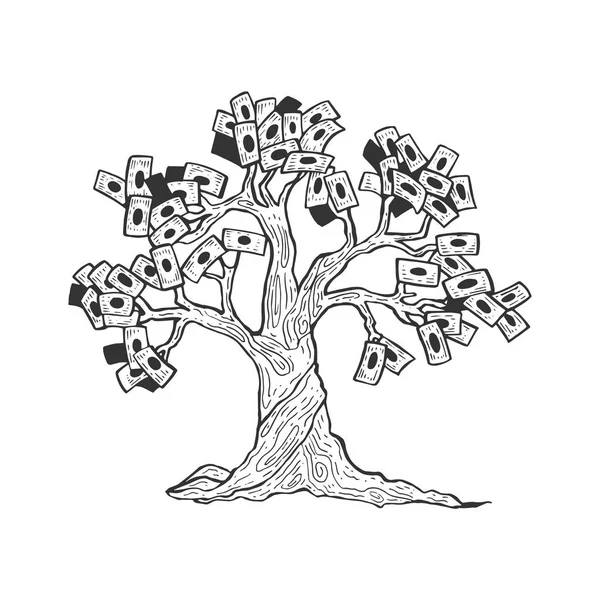 Denaro albero pianta schizzo incisione vettoriale illustrazione. Imitazione in stile gratta e vinci. Immagine disegnata a mano in bianco e nero . — Vettoriale Stock