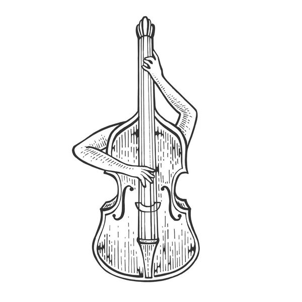 Podwójny bas skrzypce Alto Cello instrument smyczkowy gra na sam szkic Grawerowanie ilustracji wektorowych. Imitacja stylu deski. Czarno-biały rysunek ręcznie rysowane. — Wektor stockowy