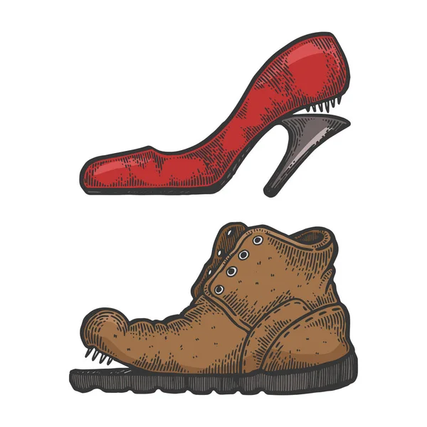 Gebrochene männliche weibliche Schuhe Schuhe farbige Skizze Graviervektorillustration. Scratch-Board-Imitat. Handgezeichnetes Schwarz-Weiß-Bild. — Stockvektor