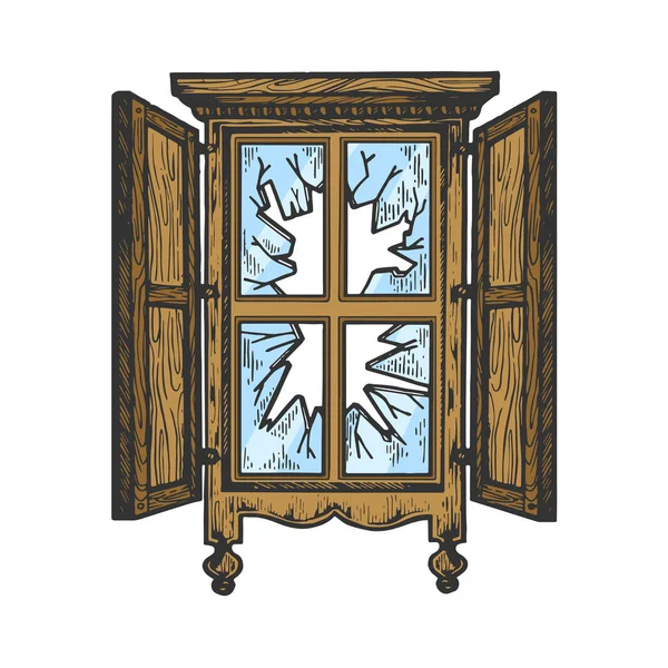 Ilustración de vectores de grabado a color de ventana vieja de madera rota. Scratch board estilo imitación. Imagen dibujada a mano en blanco y negro . — Vector de stock