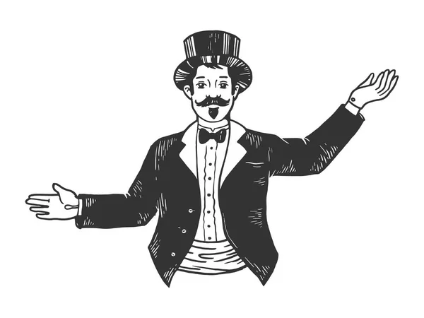 Circus theatrale meester van ceremonies entertainer schets gravure vector illustratie. Imitatie van Scratch board stijl. Zwart-wit hand getekende afbeelding. — Stockvector