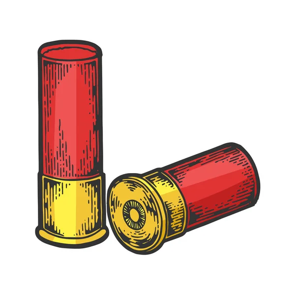 Escopeta caza armas de fuego cartucho color boceto grabado vector ilustración. Scratch board estilo imitación. Imagen dibujada a mano en blanco y negro . — Vector de stock