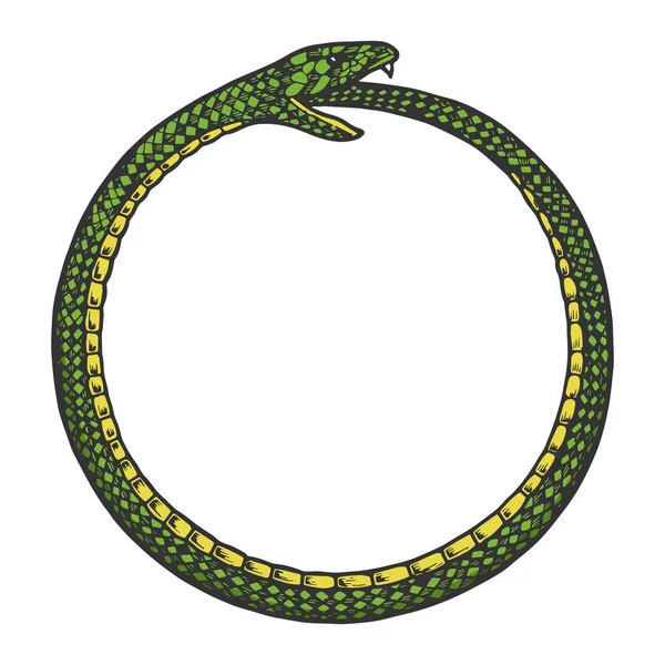 Snake bijt zelf kleur schets gravure vector illustratie. Imitatie van Scratch board stijl. Zwart-wit hand getekende afbeelding. — Stockvector