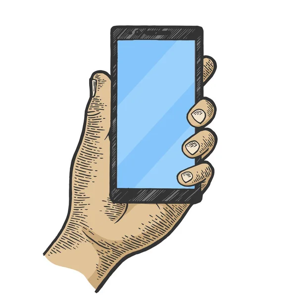 Smartphone in der Hand Farbskizze Graviervektorillustration. Scratch-Board-Imitat. Handgezeichnetes Bild. — Stockvektor