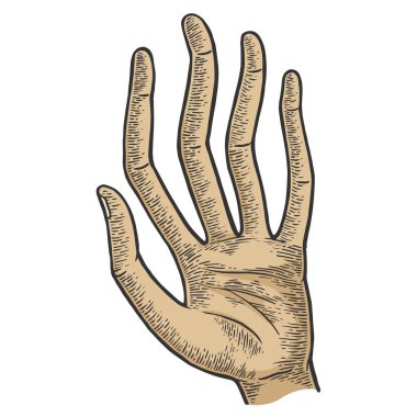 Uzun spagetti parmakları renkli çizim gravür vektör illüstrasyon ile el. Scratch tahta tarzı taklit. Elle çizilmiş görüntü.