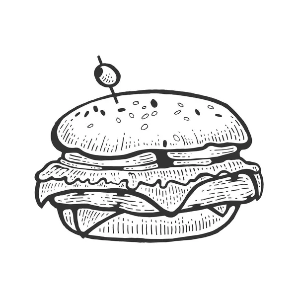 Hamburger burger sandwich croquis gravure vectorielle illustration. Imitation de style scratch board. Image dessinée à la main noir et blanc . — Image vectorielle