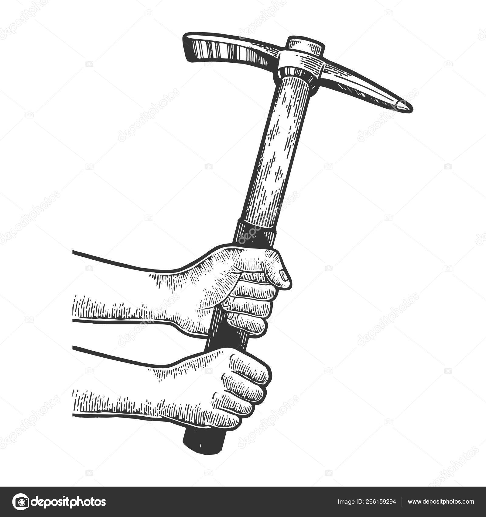 ピックピックアクスツールスケッチ彫刻ベクトルイラストを持つ手。スクラッチボードスタイルの模倣。白黒の手描きのイメージ. ストックベクター  ©AlexanderPokusay 266159294