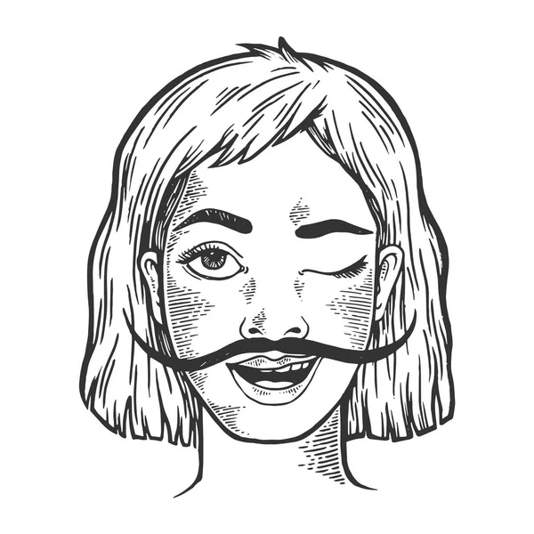 Feliz joven guiño mujer con bigote largo boceto grabado vector ilustración. Scratch board estilo imitación. Imagen dibujada a mano . — Vector de stock