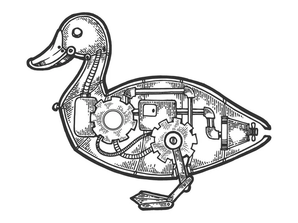 Mekanik ördek kuş hayvan kroki gravür vektör illüstrasyon. Scratch tahta tarzı taklit. Siyah beyaz elle çizilmiş görüntü. — Stok Vektör