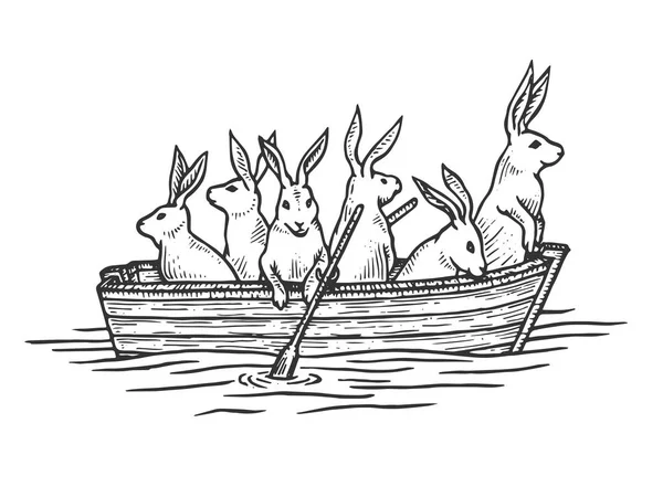 Hare rabbit animals in boat sketch engraving vector illustration. Scratch board style imitation. Black and white hand drawn image. — Stock vektor