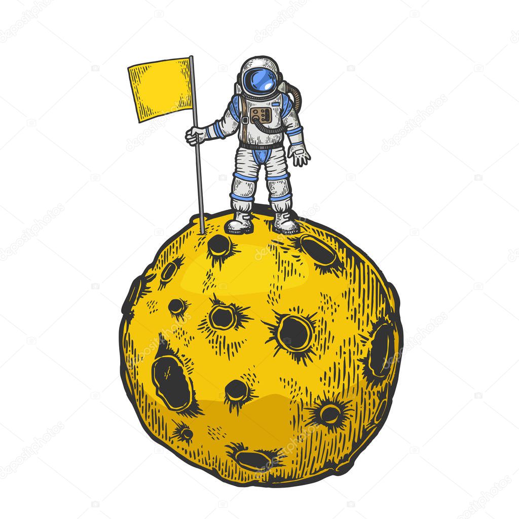 Astronaut spaceman with flag on planet with impact craters color sketch engraving vector illustration. Scratch board style imitation. Black and white hand drawn image.
