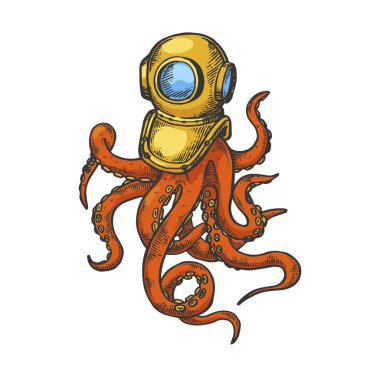 Ahtapot ve eski dalgıç kask renkli kroki gravür vektör illüstrasyon. Scratch tahta tarzı taklit. Siyah beyaz elle çizilmiş görüntü.