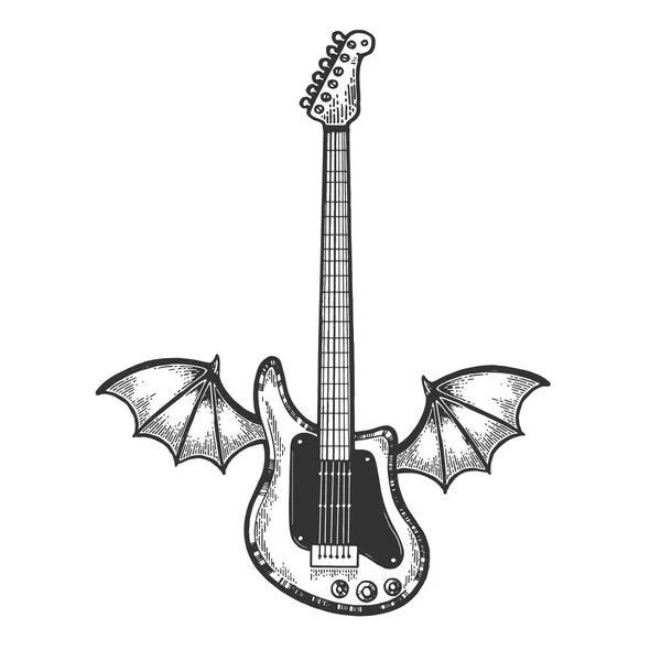 Guitare électrique volante avec ailes de chauve-souris croquis gravure vectorielle illustration. Imitation de style scratch board. Image dessinée à la main noir et blanc . — Image vectorielle