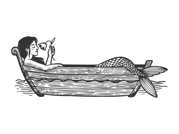 Mermaid i båten med blomma skiss gravyr vektor illustration. Scratch Board stil imitation. Svart och vit handritad bild. — Stock vektor