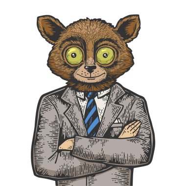 Tarsier baş işadamı renkli kroki gravür vektör illüstrasyon. Scratch tahta tarzı taklit. Siyah beyaz elle çizilmiş görüntü.