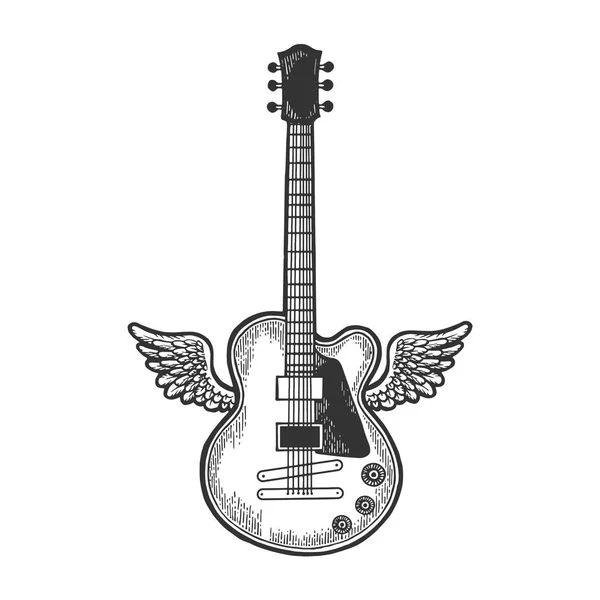 Guitare électrique volante avec ailes croquis gravure vectorielle illustration. Imitation de style scratch board. Image dessinée à la main noir et blanc . — Image vectorielle