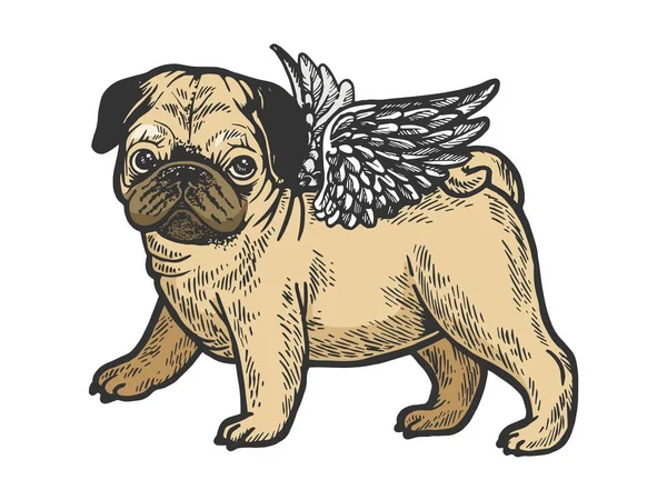 Angel pug voador cachorro cão cor esboço gravura vetor ilustração. Imitação de estilo Scratch board. Imagem desenhada à mão preto e branco . —  Vetores de Stock
