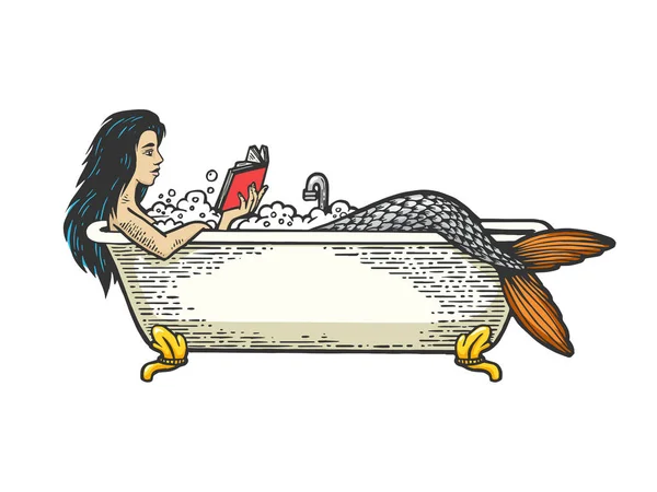 Sirena lettura libro in bagno disegno a colori incisione vettoriale illustrazione. Imitazione in stile gratta e vinci. Immagine disegnata a mano in bianco e nero . — Vettoriale Stock