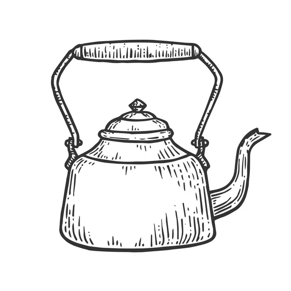 Eski çaydanlık çaydanlığı çizimi, kabartma vektör çizimi. Tahta sitili taklit. El çizimi resim. — Stok Vektör