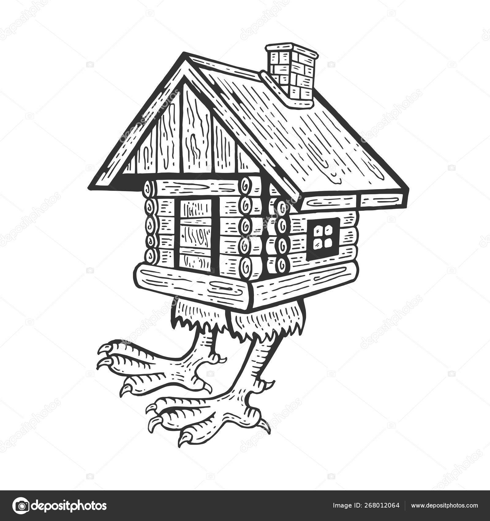 Cabane sur pattes de poulet Baba Yagas maison conte de fées personnage  gravure vectorielle illustration. Imitation de style scratch board. Image  dessinée à la main . Vecteur par ©AlexanderPokusay 268012064